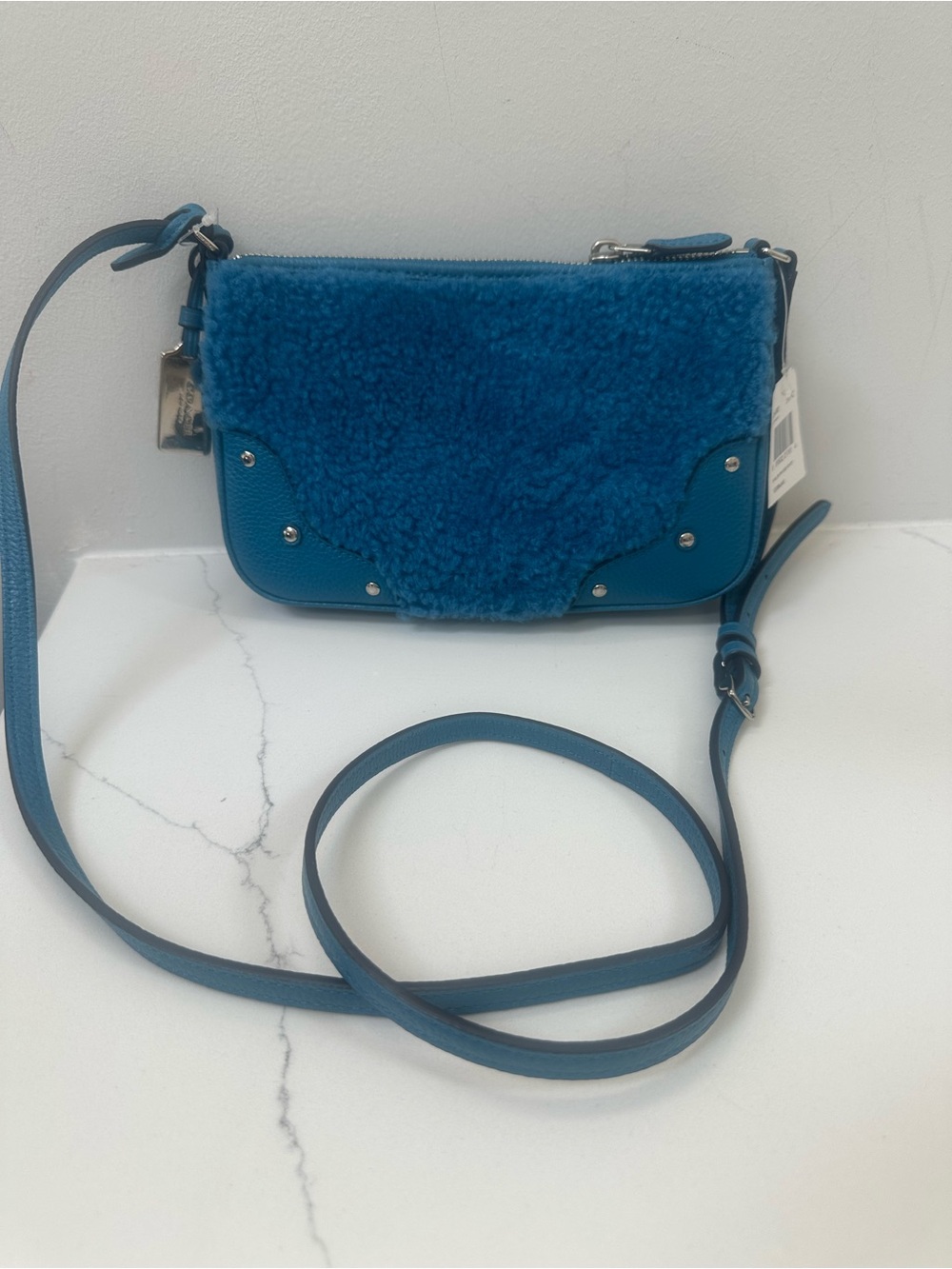 Coach 36490 Shearling w/Leather small Rhyder Pochette Peacock/Blue Crossbody NWT